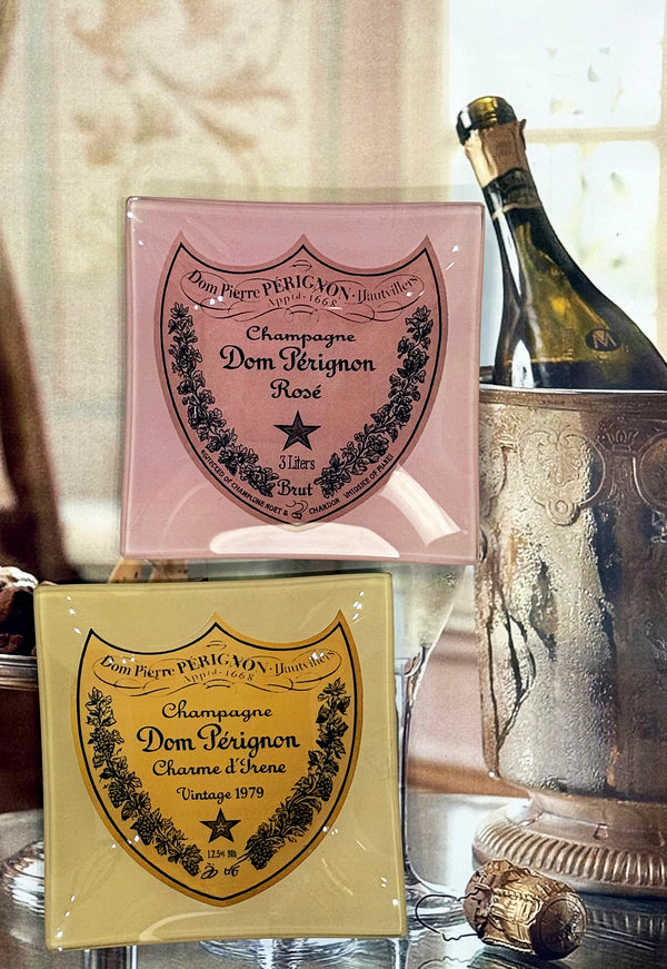 Vintage Dom Pérignon Rose Decoupage Glass Tray