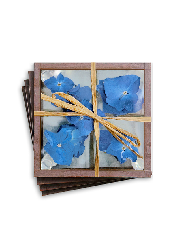 Pressed Flower Hydrangea Copper & Glass Coasters, Set/ 4