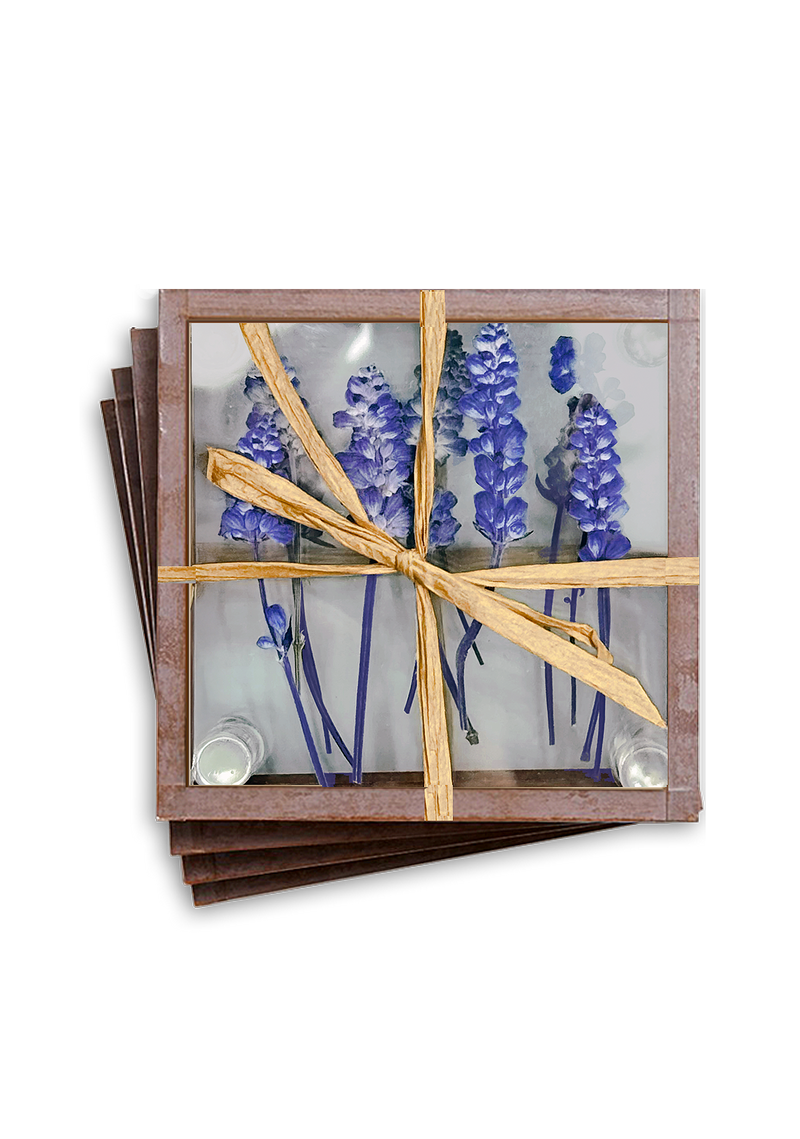 Pressed Flower Lavender Copper & Glass Coasters, Set/ 4// Min. Case of 2