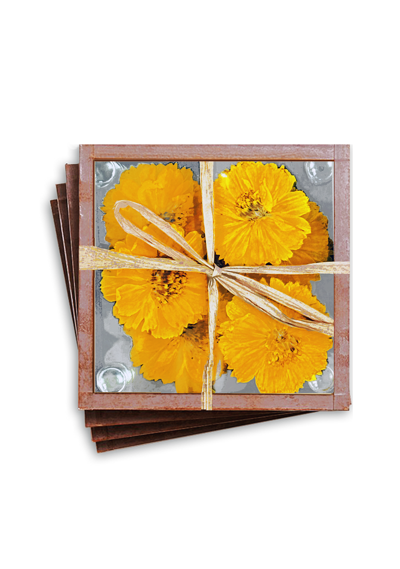 Pressed Flower Sunflower Copper & Glass Coasters, Set/ 4// Min. Case of 2