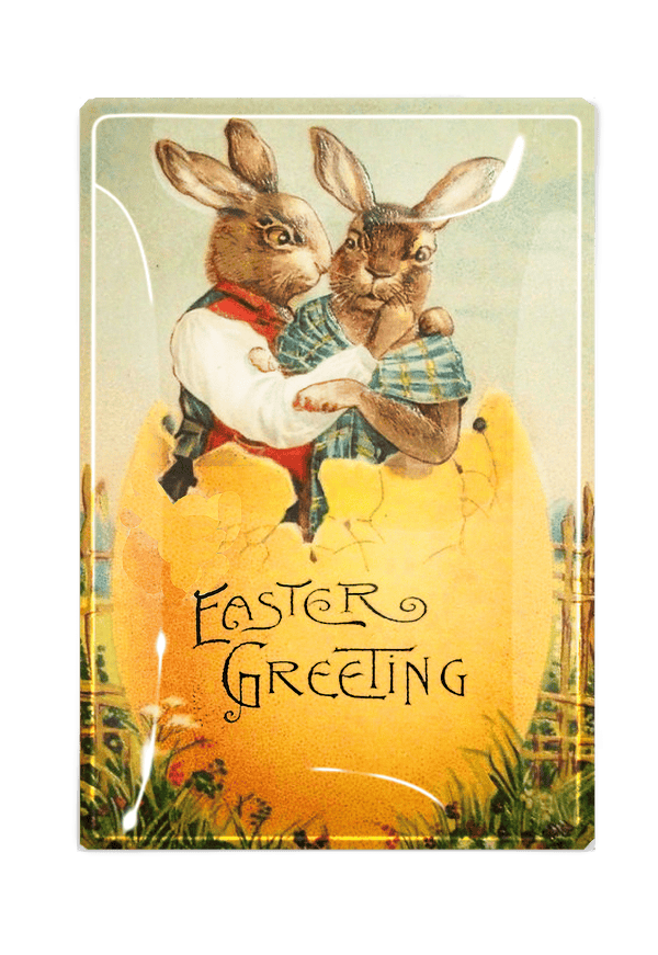 Easter Greeting Bunny Pair in Yellow Egg Decoupage Glass Tray - Wholesale Ben's Garden 