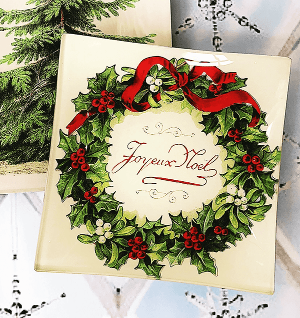 Joyeux Noel Wreath Decoupage Glass Tray - Wholesale Ben's Garden 