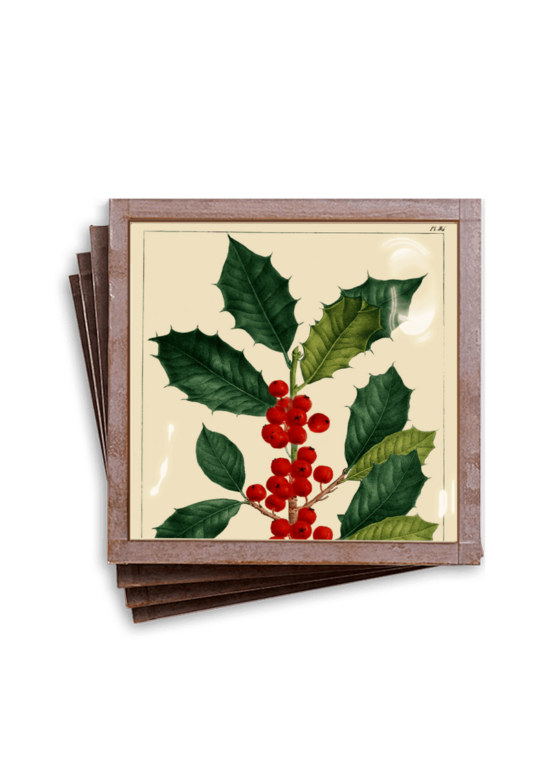 Min. Case Pack of 2 // American Holly Christmas Copper & Glass Coaster, Set of 4 - Wholesale Ben's Garden 