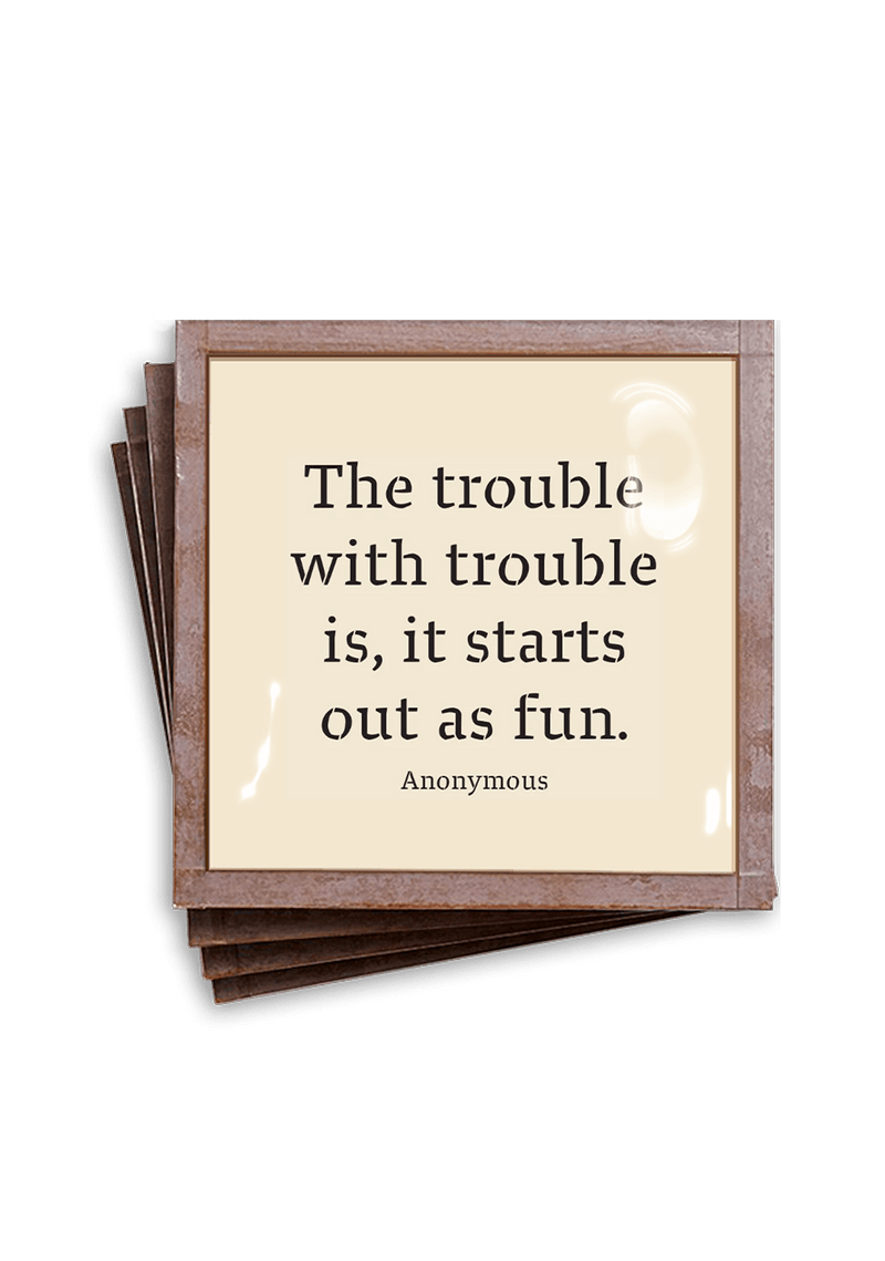Min. Case Pack of 2 // The Trouble With Trouble Copper & Glass Coasters, Set of 4 - Wholesale Ben's Garden 