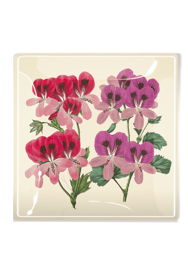 Bensgarden.com | Pink And Purple French Geraniums Decoupage Glass Tray - Bensgarden.com