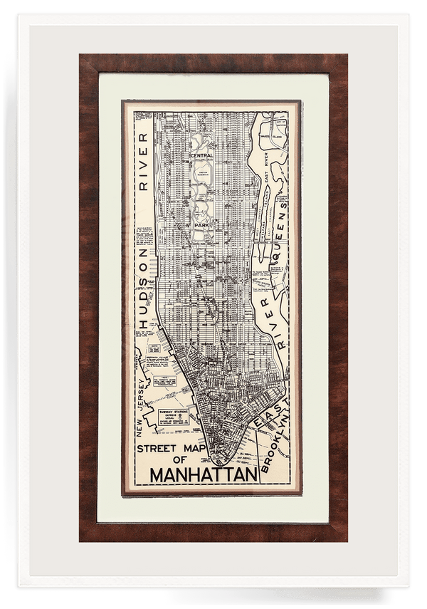Bensgarden.com | Hand Embellished Vintage Street Map of Manhattan Framed Artwork - Bensgarden.com